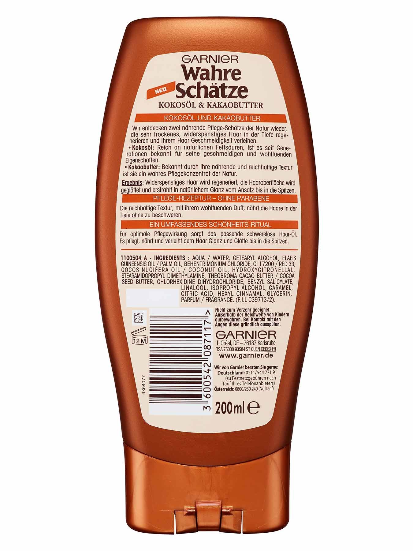Regenerierende-Spuelung-Wahre-Schaetze-Kokosoel-Kakaobutter-250ml-Rueckseite-Garnier-De-gross